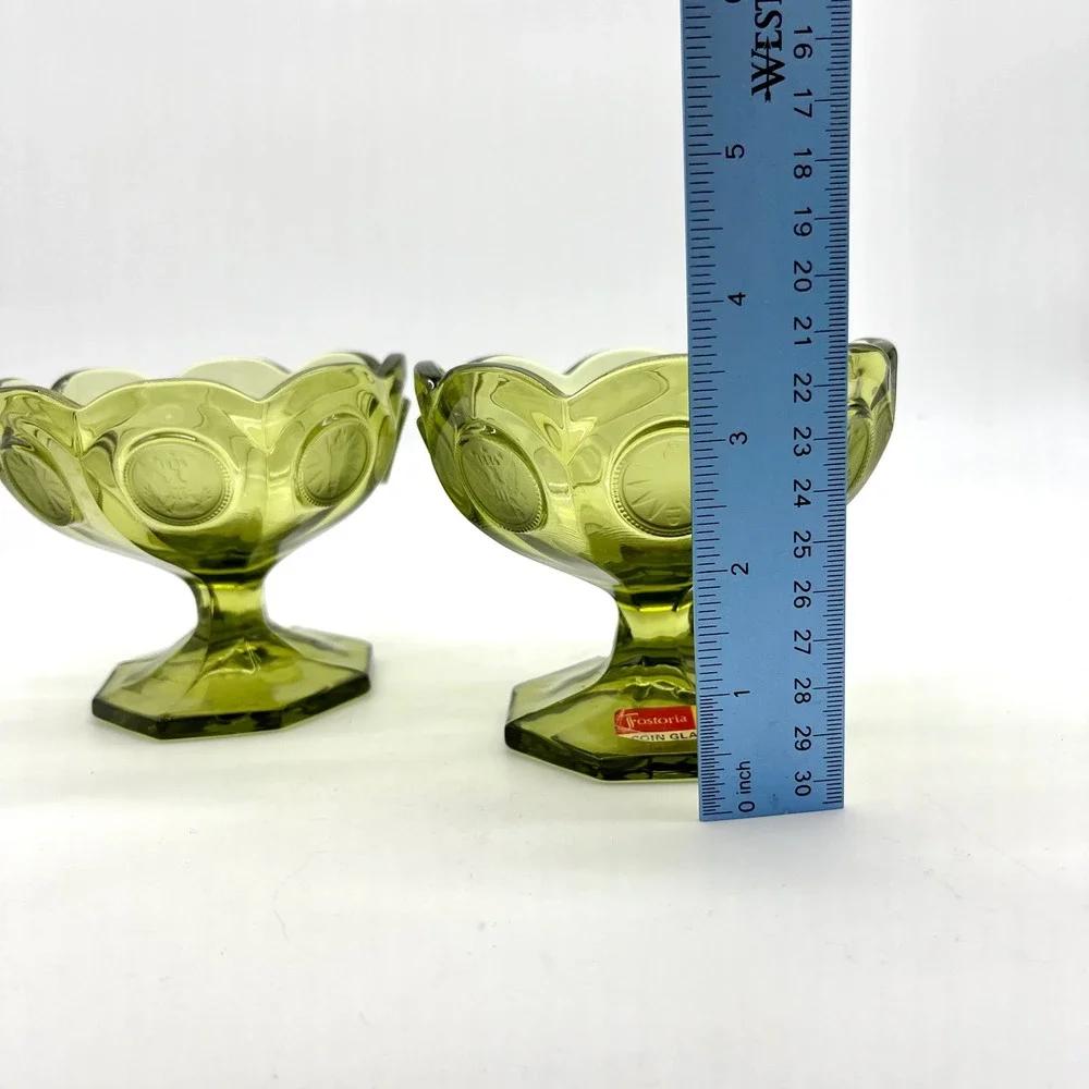 Fostoria Coin Glass Olive Green Compotes Pedestal‎ Candy Dishes Set of 2 - Picture 4 of 9